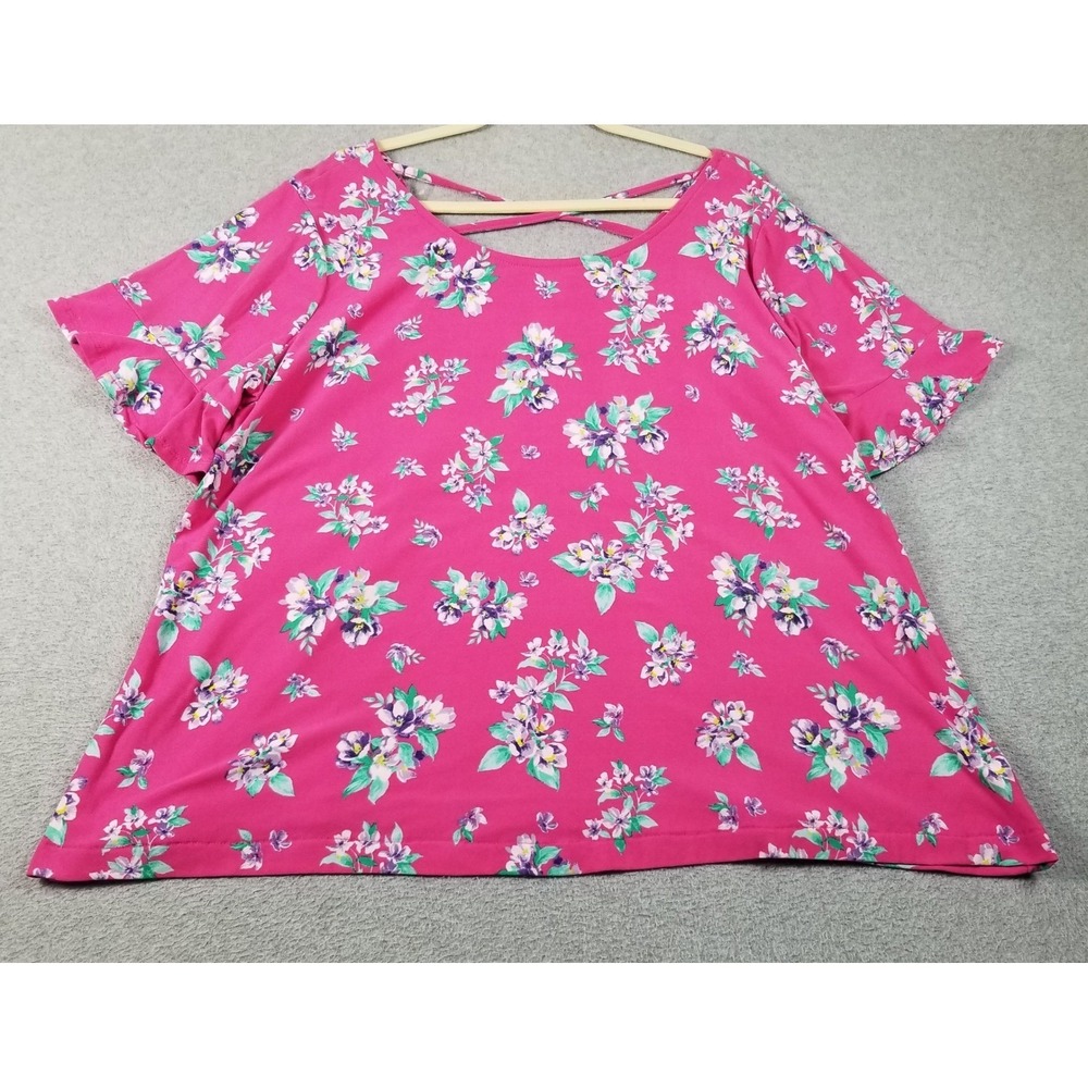 Just Be Floral Top Women's 3X Plus Pink Green Floral Short Sleeve Stretch Spring